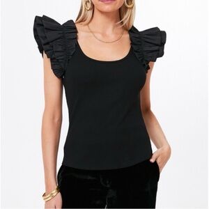 Tuckernuck Pomander Place Ruffle Rita Top Black Flutter Sleeve Scoop Neck Size L
